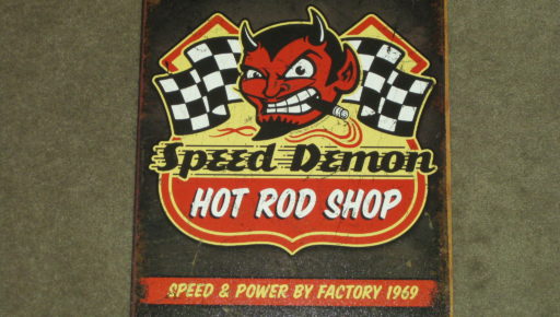 Speed Demon Hot Rod Shop TIN SIGN vtg garage factory 1969 metal wall decor 1744 
